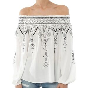 Parker Women’s Size M White Black Embroidered Teagan Off Shoulder Top Blouse